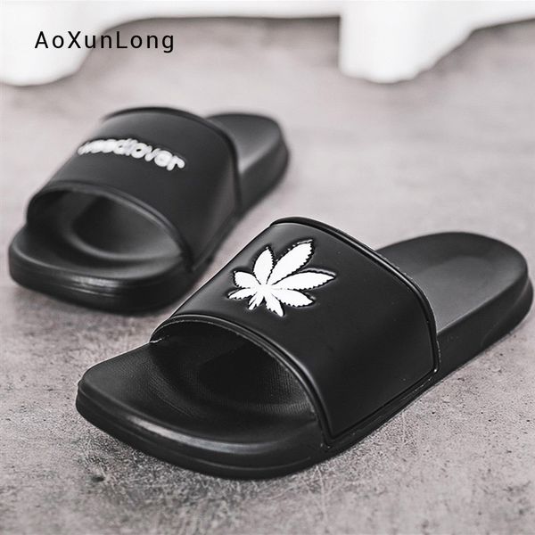 

summer men's slippers new fashion youth trend slides outside one-word household anti-skid leisure sandals outdoor leaves slipper, Black