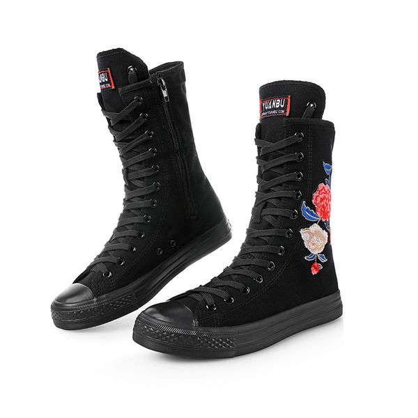 

2018 women fashion high-zipper embroider flat boots long-barreled casual flat canvas boots women tall punk shoes size 34-43, Black