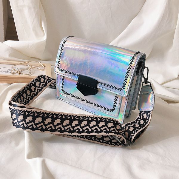 

2020 new crossbody bags for women popular wide shoulder strap messenger bag wild laser sac shoulder small square bag pu handbag