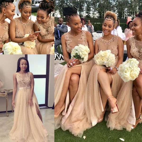 

2019 african sheer bridesmaid dresses tulle illusion bodice appliques women party dress for wedding luxury pearls gowns robe
