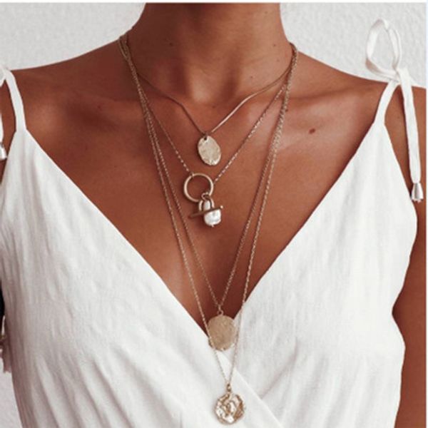 

new vintage pearl pendant necklace for women charm circle geometric alloy necklace fashion multi layer jewelry, Silver
