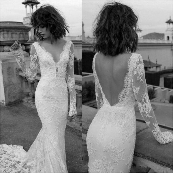 

лиз мартинес 2019 русалка свадебные платья старинные v шеи с длинным рукавом кружева свадебные платья развертки поезд свадебное платье robe, White