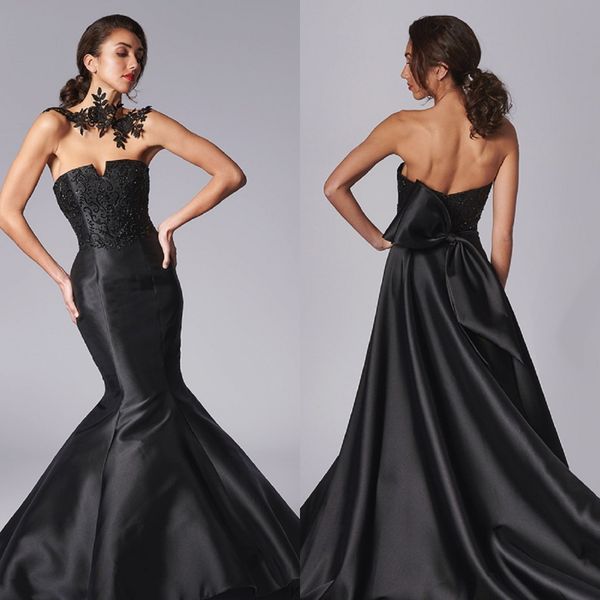 

modest mermaid prom dresse strapless sleeveless satin applique bow ruched party dress sweep train robes de soirÃ©e, Black