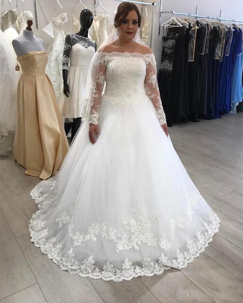 

Plus Size Wedding Dresses A Line New Off The Shoulder Floor Length Long Sleeve Lace Applique Bridal Dress Wedding Gown Custom Made