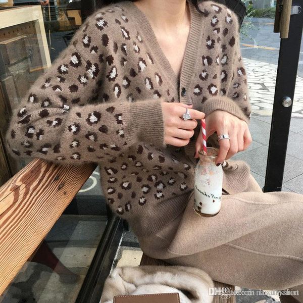 

женщины v-образным вырезом leopard кардиган свитера повседневный длинным рукавом свитера мода knit однобортный пальто, White;black