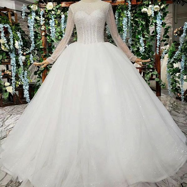 

2019 последние чешские свадебные платья с длинным рукавом тюль покрыты кнопка иллюзия декольте o шеи блестки кристалл длинные кружева вуаль, White