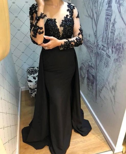 

setwell jewel sheer neck mermaid evening dresses long sleeves lace appliques beaded prom party formal gowns with overskirt, Black;red