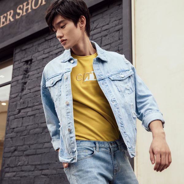 

me&city 2019 new denim jackets men fashion trend casual denim jacket cotton turn-down collar long sleeve bomber jackets, Black;brown