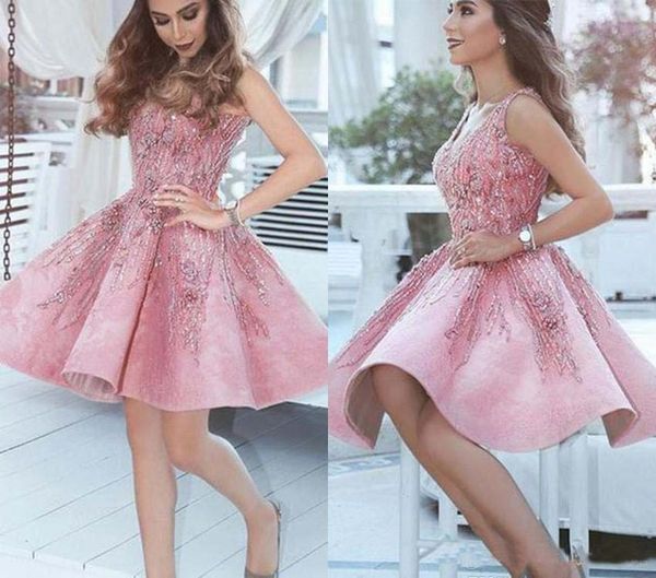 

2019 Luxurious Short Arabic Pink Homecoming Dress A Line V Neck Juniors Sweet 15 Graduation Cocktail Party Dress Plus Size Custom Made