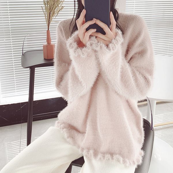 

autumn and winter korean knitted loose fuzzy ladies sweaters casual plus size pink mohair sweater pullover woman clothes, White;black