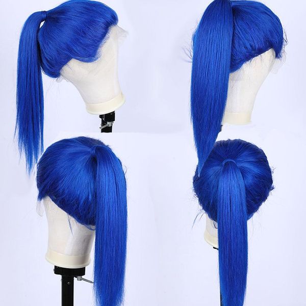 

13x6 silky straight blue 24inch afro women kinky straight short wigs blue pick brown cosplay synthetic hair heat resistant, Black