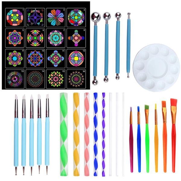 

40pcs/set mandala dotting pen tools set for diy painting rock stone with stencils template brush paint tray