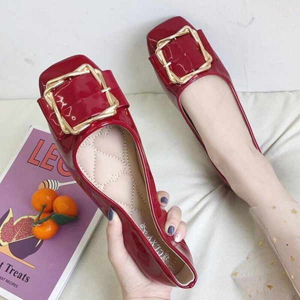 

spring fashion womens shoes flats square toe metal buckle flat shoes casual soft leather shallow mouth woman ballet flats loafe, Black