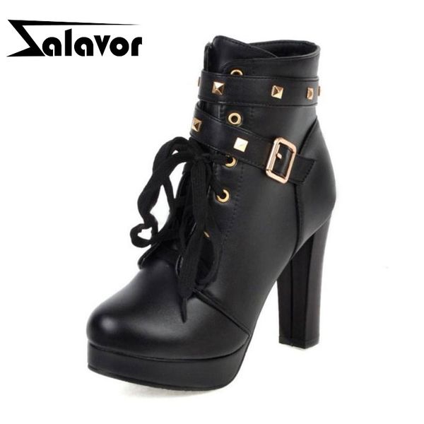 

zalavor size 33-43 women ankle boots fashion warm fur high heel winter shoes women rivets buckle platform motorcycle boots, Black
