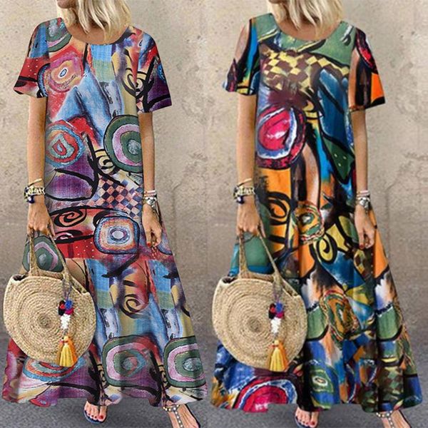 

2019 summer bohemian dress women casual short sleeve pockets sundress zanzea vintage printed ladies o neck long maxi vestidos, Black;gray