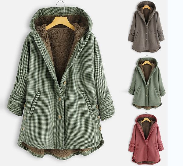 

vintage winter women coats lady wool liner plaid long sleeve warm thick solid outwear button hooded outwearcoat ladies, Black
