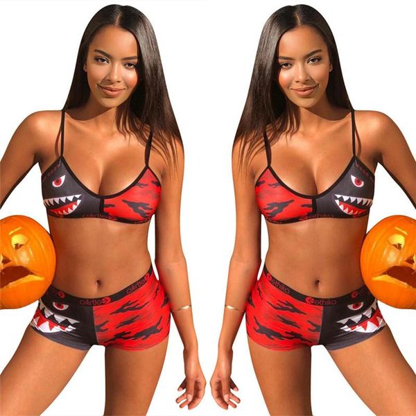 

designer women ethika swimwear fashion tie up bra +shorts 2 piece tracksuit short pants patchwork shark camo striped swimsuit bikini a22601, White