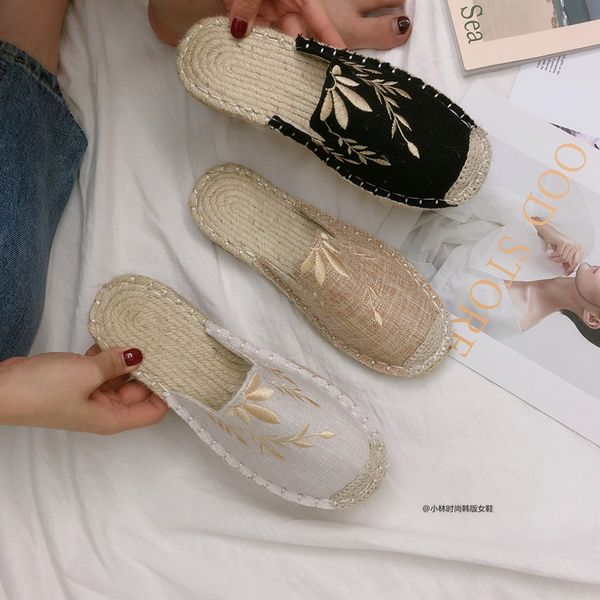 

straw weave flax embroidery mules shoes woman flats casual summer slippers round toe brief slides fisherman flip flops outwear, Black