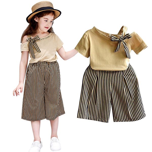 

casual children girls clothes set summer short sleeve t-shirt+striped print shorts suits 2pcs costume set, White