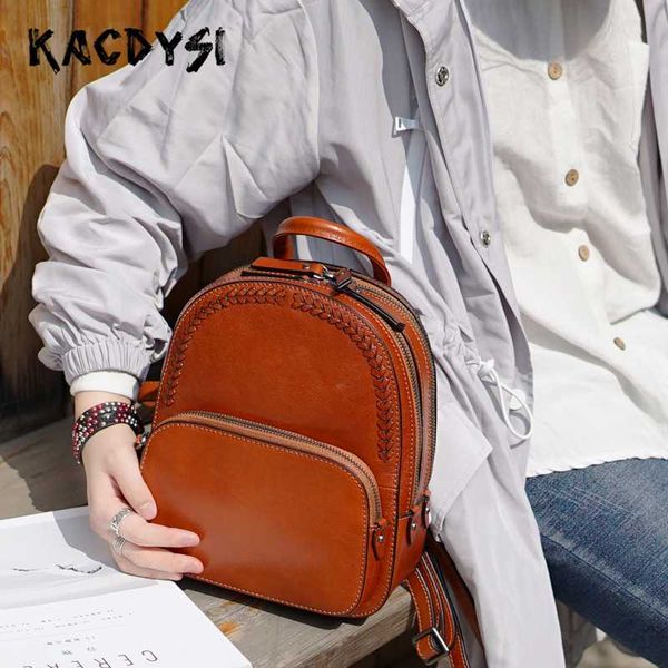 

handmade original cow leather small girl backpack quality women rucksack daypack retro literary shoulder bag braiding school bag