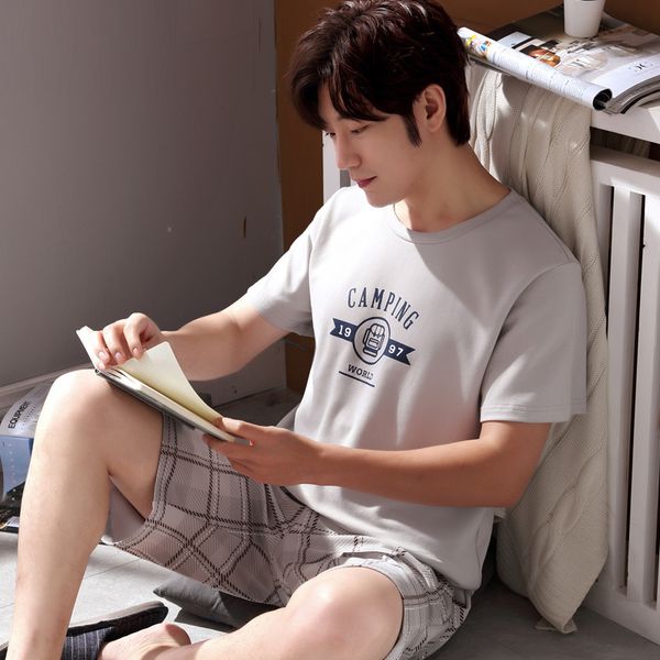 

summer cotton pajamas men round neck pullover men's short-sleeved cotton home service casual suit shirt+shorts 2 pieces set male, Black;brown