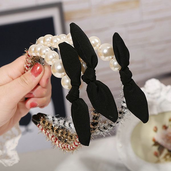

the new pearl bow tie headband baby girl hair bands hairwear hair cutting style for female with hairpins dujrs, Black;brown