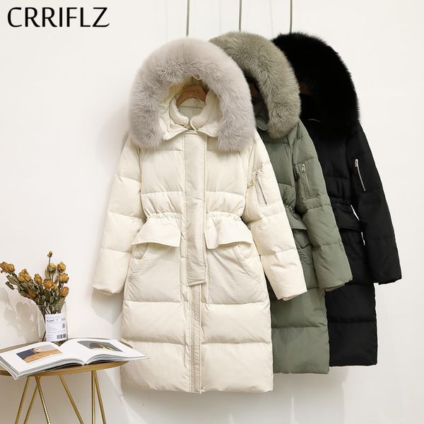 

crriflz new womens winter jackets long real fur warm thicken down parka 90% white duck down jacktes fur collar hooded coats, Black