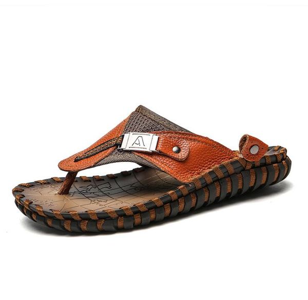 

brand designer mens casual slippers outdoor genuine leather man flip flops slippers summer sapato masculino adf-0067, Black