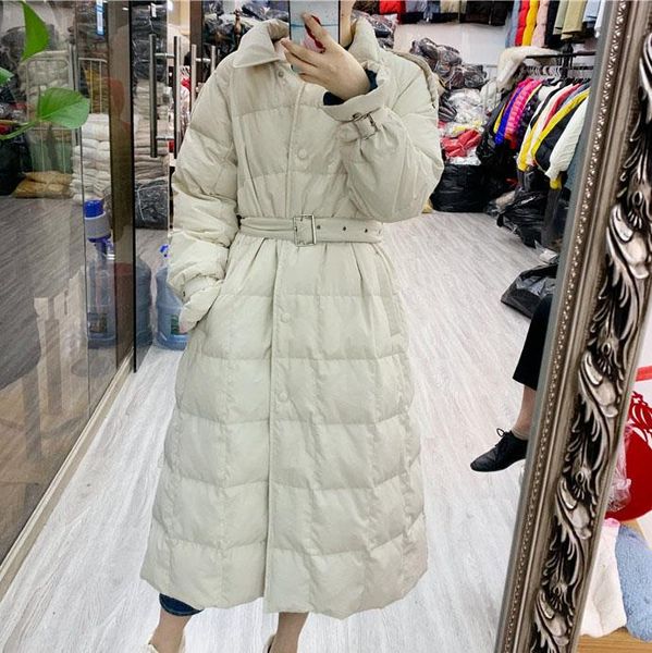 

down long parka women warm loose streetwear overcoat casual single breasted with belt jacket outwear, Black
