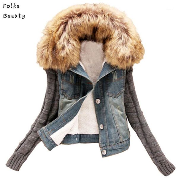 

2017 new women's autumn denim jacket women winter coat slim yarn large fur collar lamb cotton denim outerwear jeans 4xl1, Black;brown