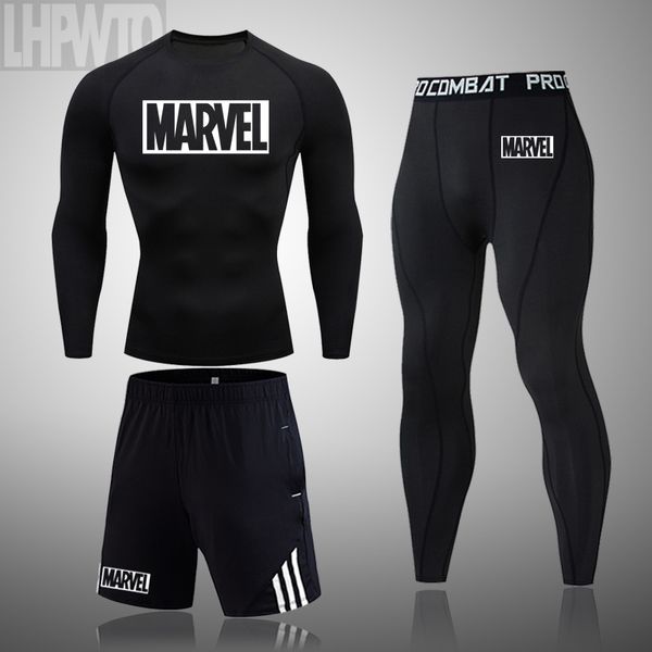

2020 brand marvel men's running set compression sports suits skinny tights clothes gym fitness sportswear t-shirt quick dry, Black;blue