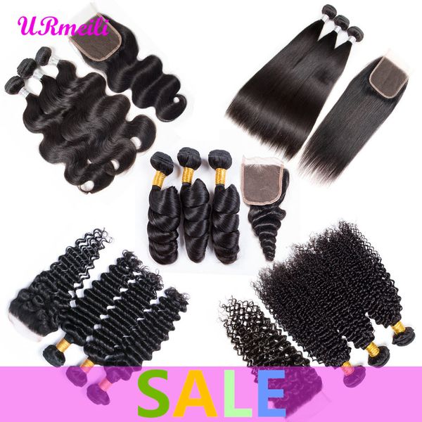 

raw virgin indian hair bundles with closure body wave curly human hair bundles with closure straight loose deep wave bundles with closure, Black;brown