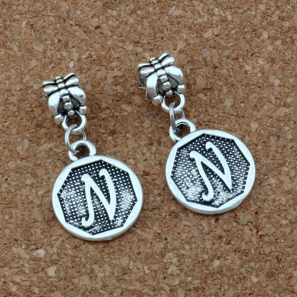 

50pcs/lot Antique silver Initial Alphabet Disc " N " Charm Big Hole Dangle European Beads Fit Charm Bracelet Jewelry DIY 14.8x30.8mm A-392a
