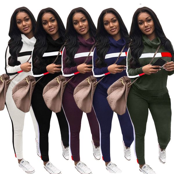 

47s3483 women's two piece pants new winter leisure suit stitching cross-border wholesale striped long-sleeved piles collar suit outwear, White