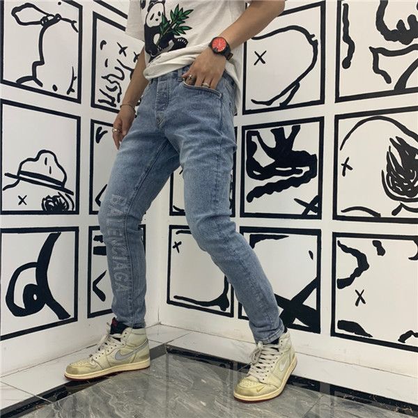 

2020new rock revival fashion casual men's tight stretch jeans imitation old torn slim jeans pants skateboard brand men's jeans pan, Blue