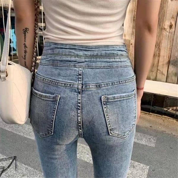 

женские джинсы светло-голубая высокая талия джинсы 2020 корейского брюки стрейча slimming сексуальных бедер юношеского стрейч карандаш штаны, Blue