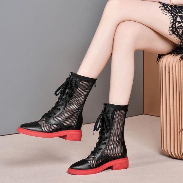

karin brand new luxury genuine leather lace up chunky heels shoes women summer sandal boots woman, Black