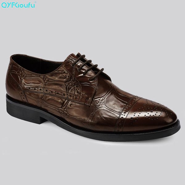 

qyfcioufu retro men formal brogues shoes luxury fingertip cap dress shoes genuine leather cow leather lace up, Black