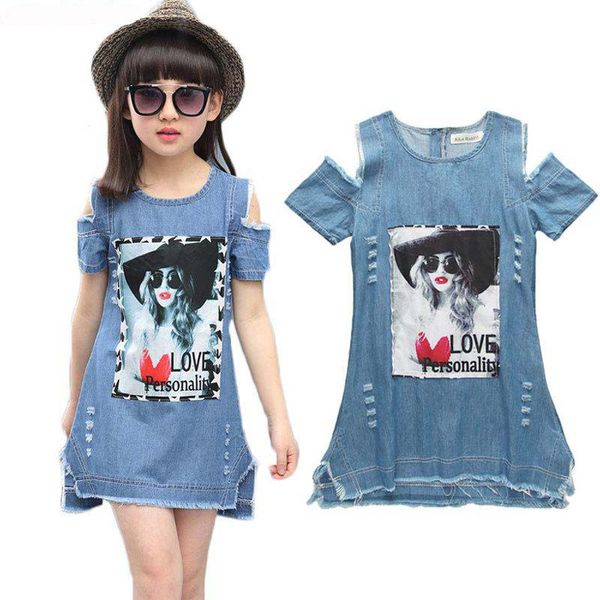 

big girls dress 3d printed short sleeve denim dress summer girls dresses kids designer clothes girls kids clothes z11 ing, Red;yellow