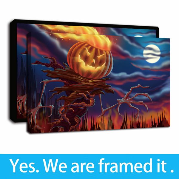 

moonlight halloween burning pumpkin framed canvas prints wall art paintings artworks for living room bedroom wall decor - ready to hang