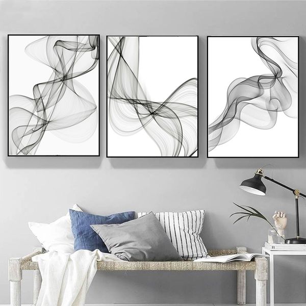 

black and white abstract wavy lines pattern canvas paintings geometric poster print wall art pictures for living room home decor