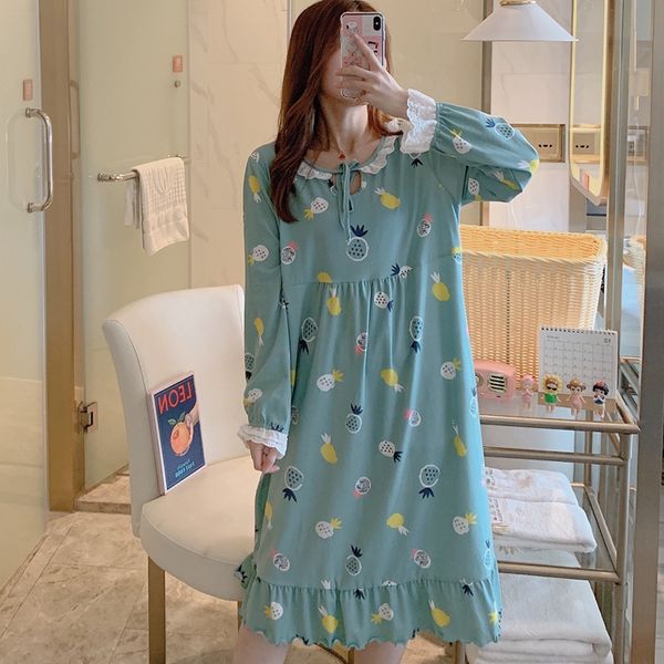 

caiyier autumn 2020 women nightdress long sleeve o-neck lace nightgown loose casual sleepshirts girl plus size home dress, Black;red