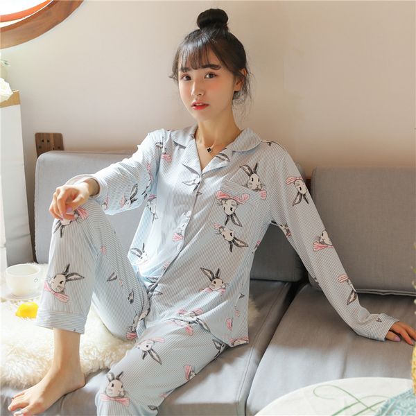 

2019 spring autumn striped pajamas sets for women long sleeve pyjama girls cartoon print sleepwear homewear pijama mujer clothes, Blue;gray