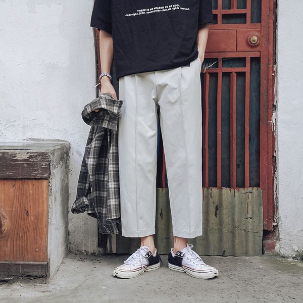 

2019 spring and autumn new japanese retro loose fashion casual solid color nine pants men's black dark gray beige / brown m-xl