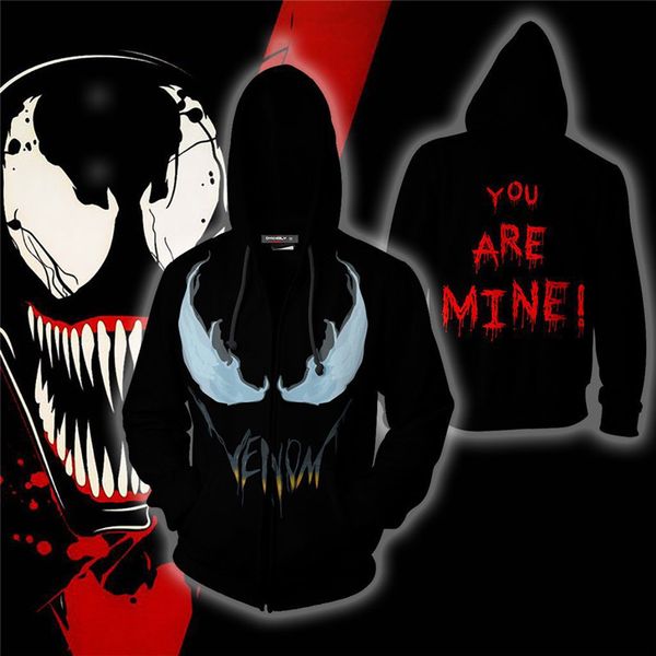 

2020 new mens hoodies venom costumes venom symbiote cosplay 3d printed zip men's hooded velvet jackets top, Black;brown
