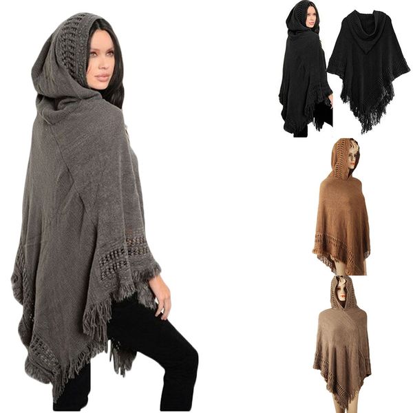 

women long sleeved knitted sweater hooded tassel sweater women hooded solid color hollow tassel cloak, Black