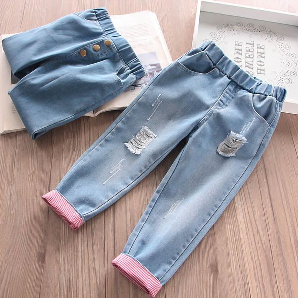 

roimyal wholesale 2020 fashion spring 2 color 2-6 years old girl hole button cotton soft jeans pants ing, Blue