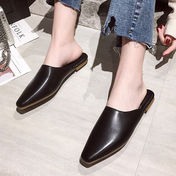 

2020 spring women slippers pu leather pointed toe casual shoes flat slipper slides cover toe ladies shoe zapatos mujer 8014n, Black