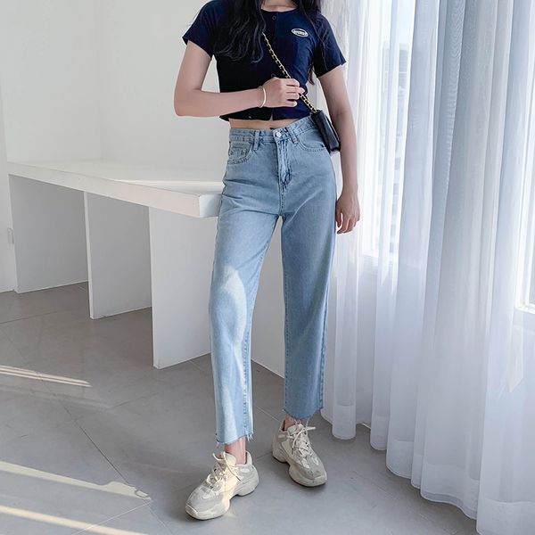 

pengpious female denim trousers high waist korean fashion school girls jeans, Blue