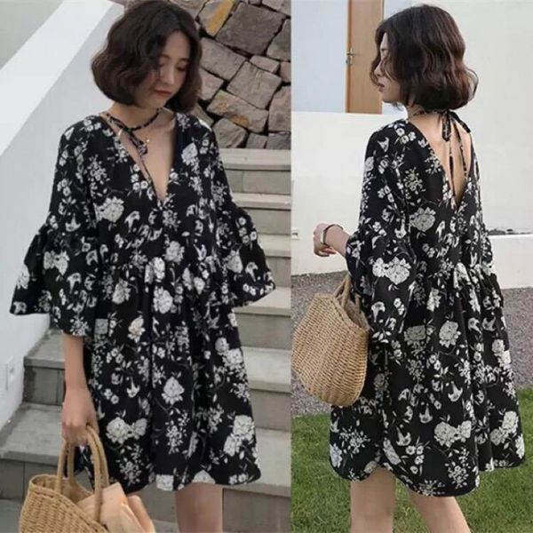 

2020 kaguster spring dress floral short-sleeved dresses female styles show thin lotus leaf sleeves elegant above knee mini, Black;gray